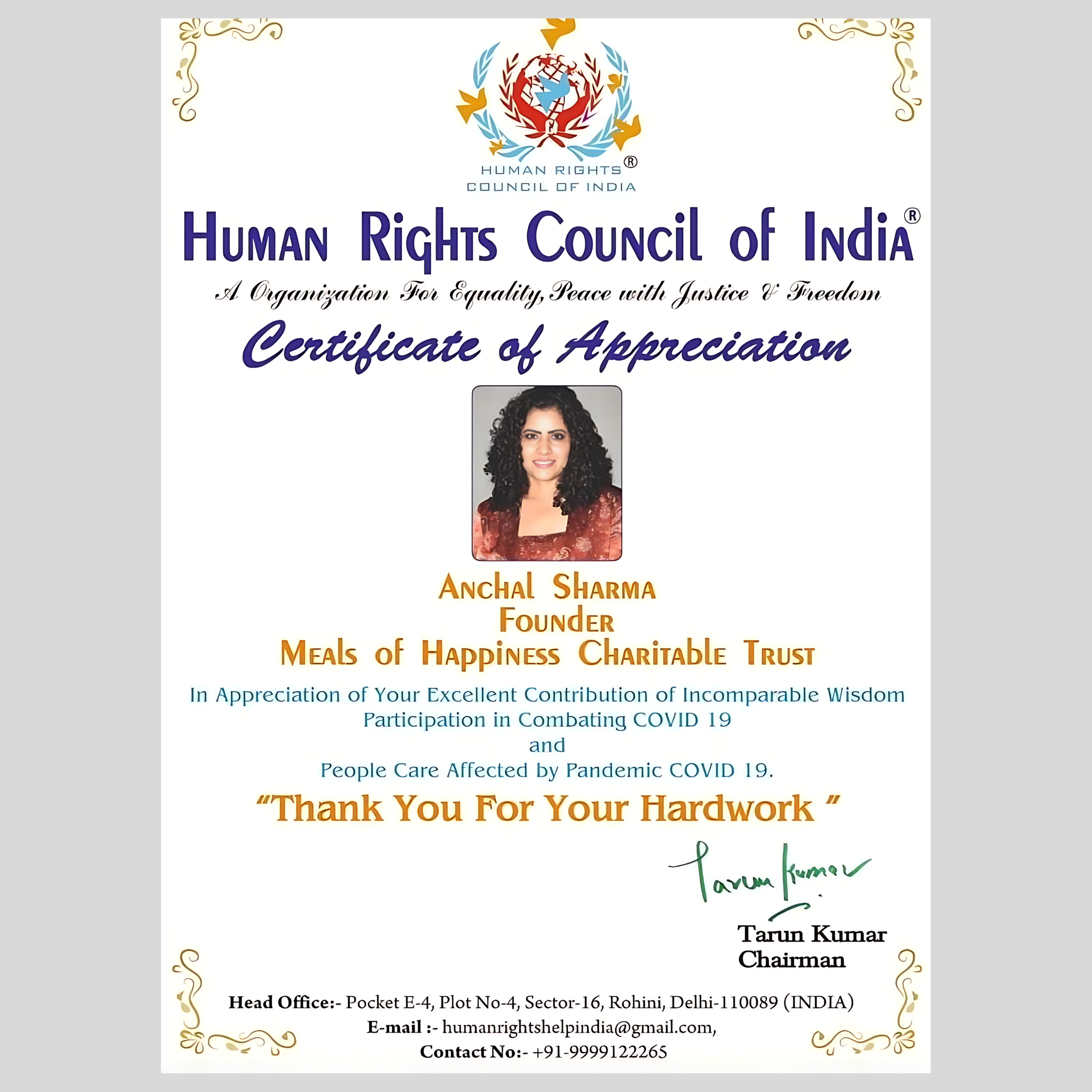 Certificate of Appreciation (2021) - HUMAN RIGHTS COUNCIL OF INDIA