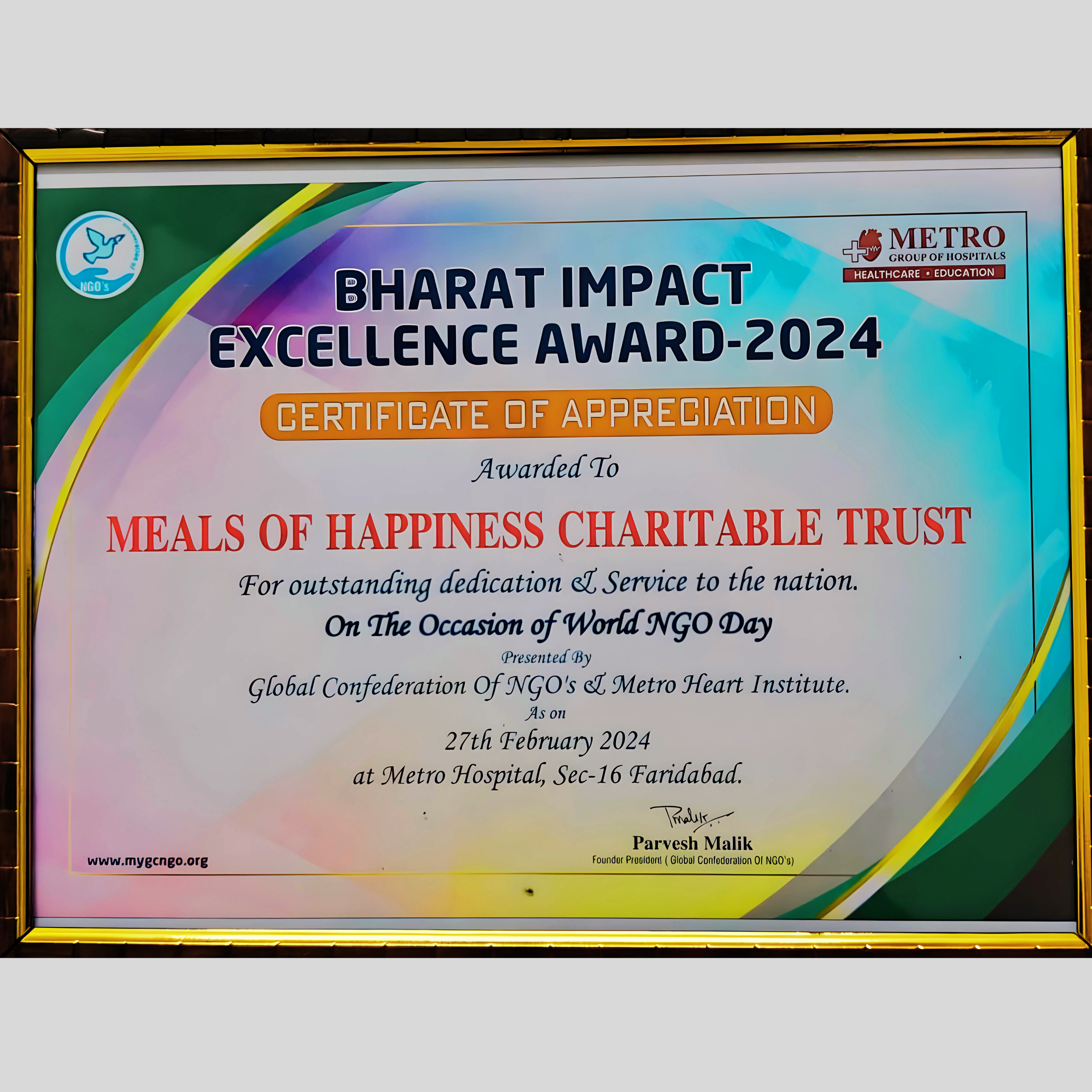 Bharat IMPACT Excellence Award (2024) - GLOBAL CONFEDERATION OF NGOS & METRO HEART INSTITUTE