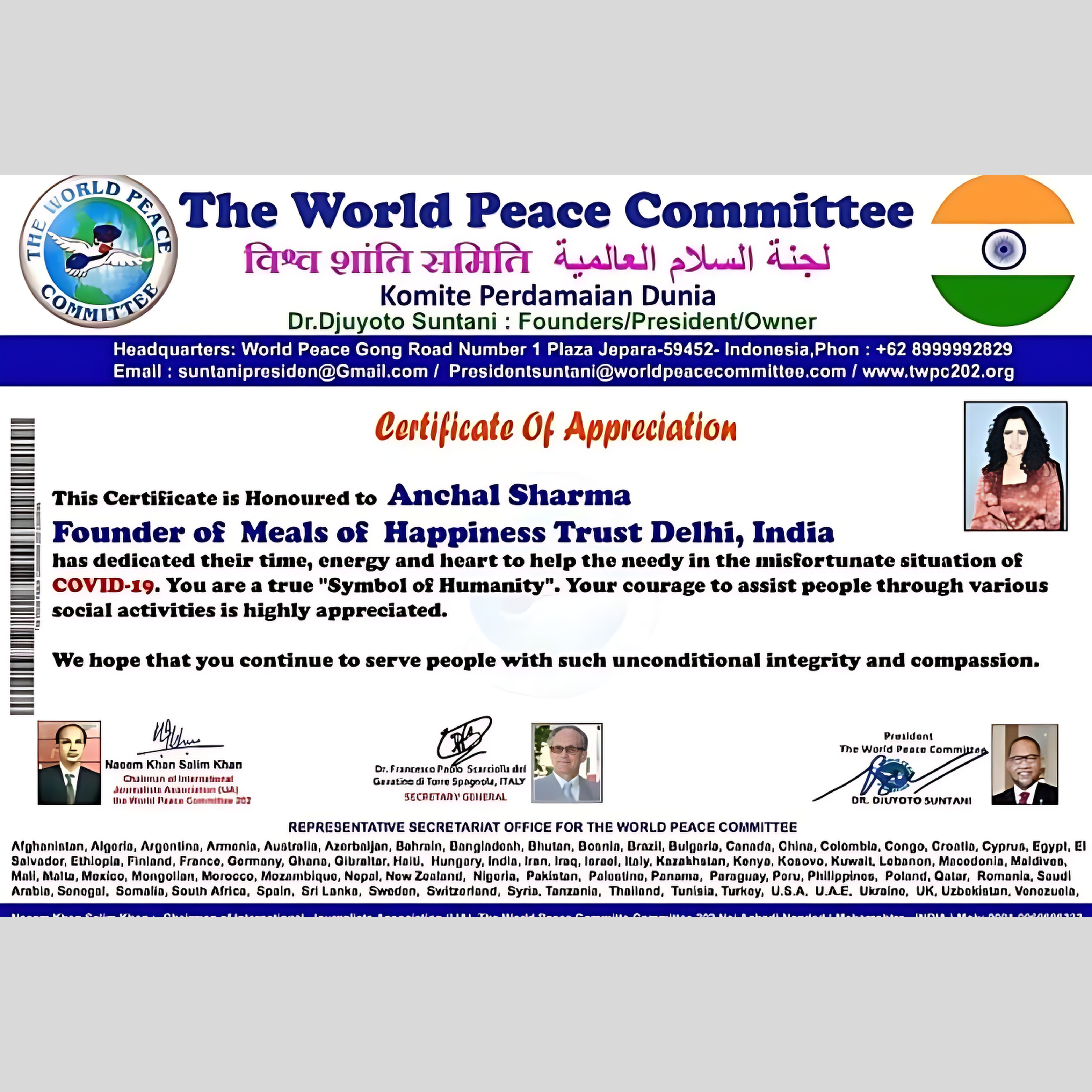 Certificate of Appreciation (2020) - THE WORLD PEACE COMMITTEE